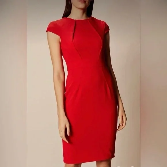 knee length dresses for ladies Karen Millen Red Leather Contrast Stitch Sleeveless Midi Dress UK 10